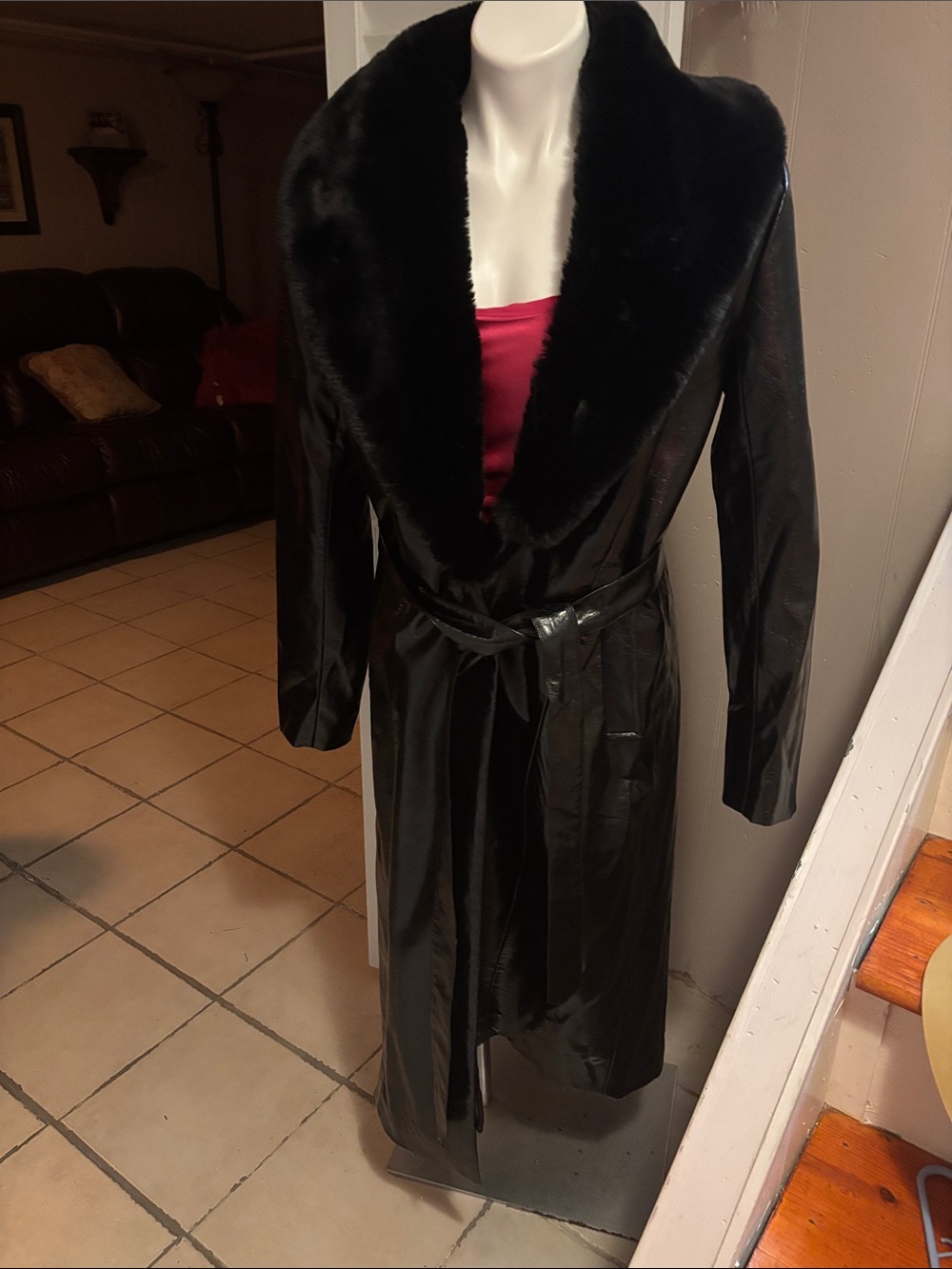 Danielle Berstein   Black Faux Fur Trim Long Belted Trench Coat - Women